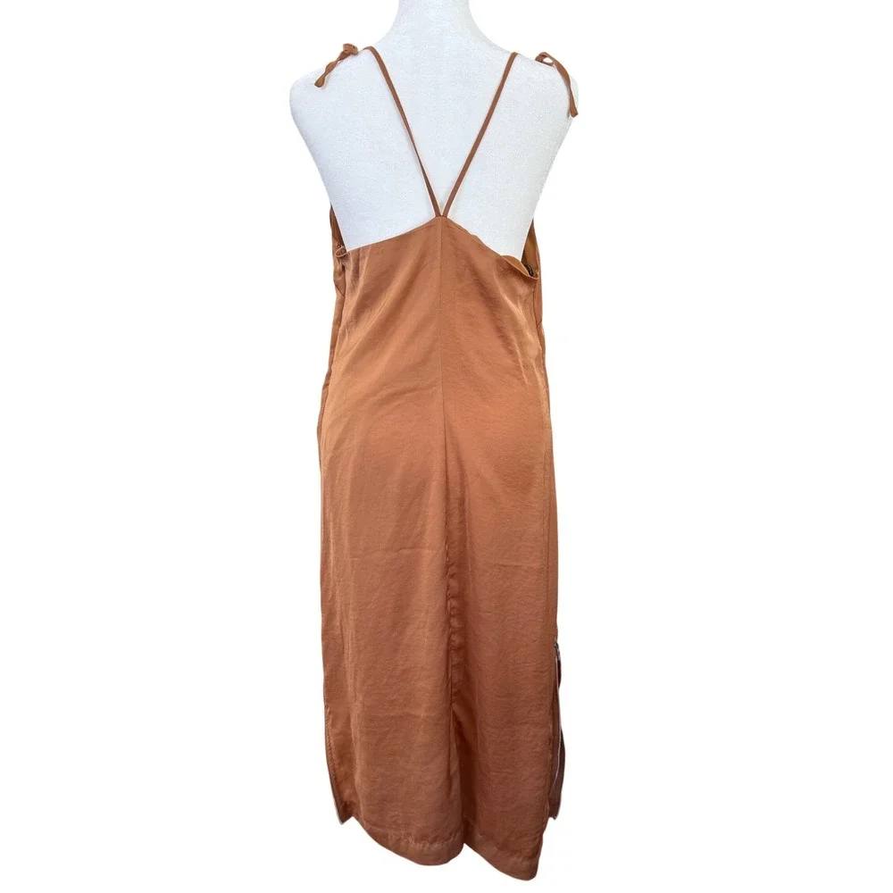 Avec Les Filles Satin Tie Strap Slip Dress Copper Brown Midi Women's Small